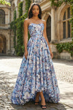 Strapless A-Line Blue Floral Corset Long Satin Dress