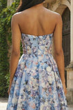 Strapless A-Line Blue Floral Corset Long Satin Dress