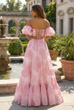 Pink A Line Off The Shoulder Long Jacquard Dress with Lace Up Back