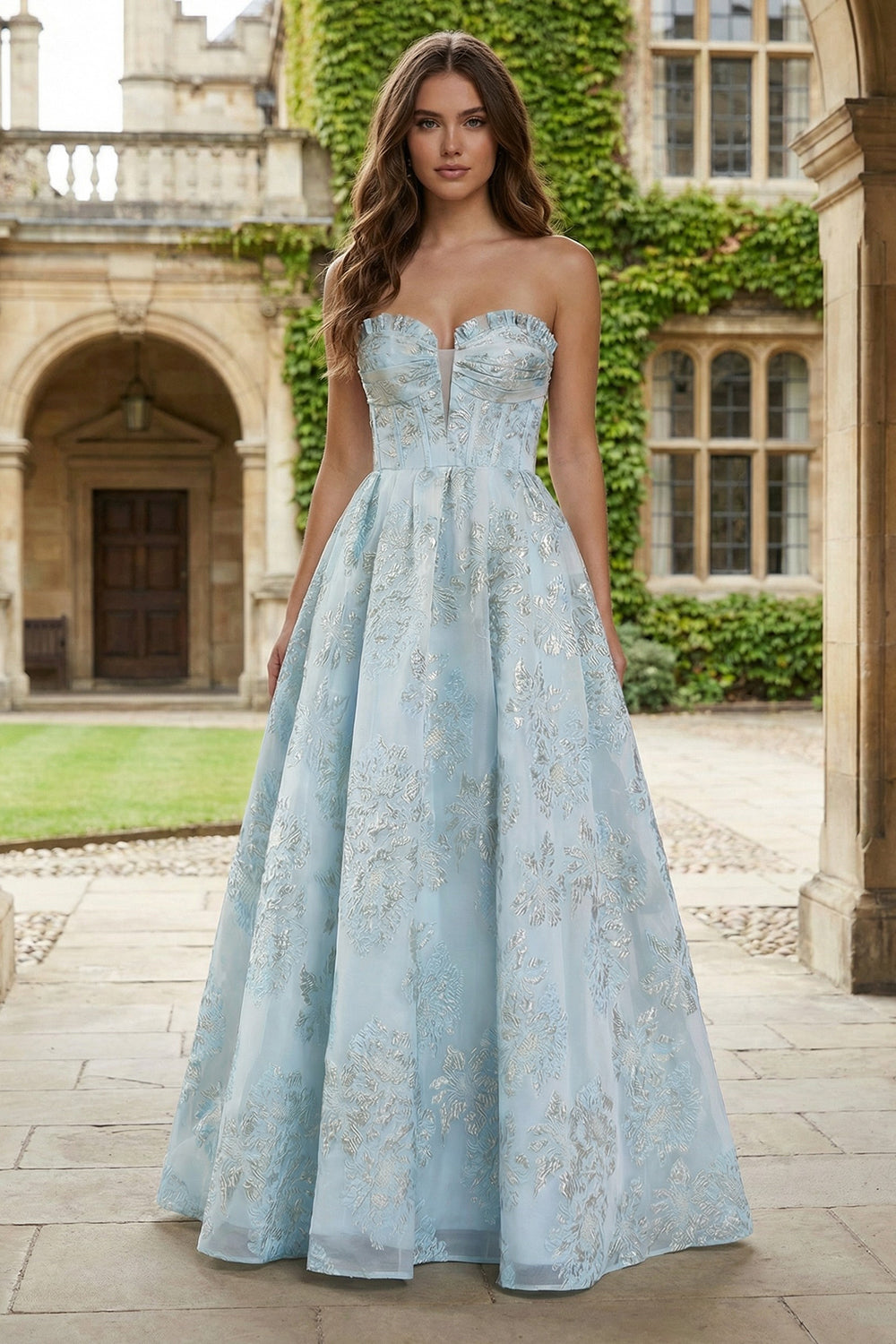 ZAPAKA Women Light Blue Long Wedding Guest Dress A Line Satin Strapless Corset Jacquard Brocade Formal Dress, Light Blue / US20W ZAPAKA Women Light Blue Long Wedding Guest Dress A Line Satin Strapless Corset Jacquard Brocade Formal Dress, Light Blue / US20W