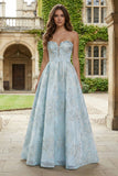 Light Blue A-Line Strapless Jacquard Satin Brocade Maxi Dress