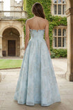 Light Blue A-Line Strapless Jacquard Satin Brocade Maxi Dress
