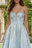 Light Blue A-Line Strapless Jacquard Satin Brocade Maxi Dress