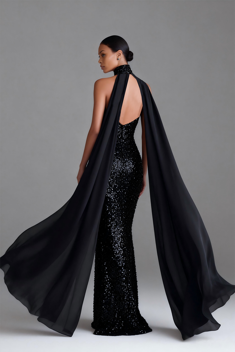 ZAPAKA Women Sparkly Black Long Wedding Guest Dress with Streamer Mermaid Halter Backless Wedding Party Dress, Black / US12 ZAPAKA Women Sparkly Black Long Wedding Guest Dress with Streamer Mermaid Halter Backless Wedding Party Dress, Black / US12