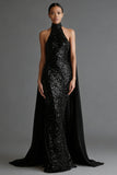 Sparkly Black Mermaid Halter Maxi Dress with Streamer