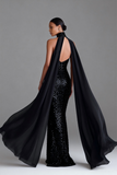 Sparkly Black Mermaid Halter Maxi Dress with Streamer