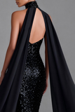Sparkly Black Mermaid Halter Maxi Dress with Streamer