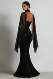 Sparkly Black Mermaid Sweetheart Maxi Dress with a Neck Sacrf
