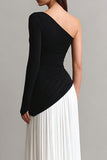 One Shoulder Sheath Maxi Black and White Dress