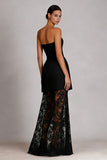 Black A-Line Strapless Long Satin Dress with Lace