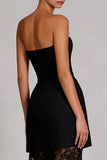 Black A-Line Strapless Long Satin Dress with Lace