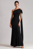 One Shoulder Black Mermaid Long Satin Dress with Streamer