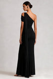 One Shoulder Black Mermaid Long Satin Dress with Streamer