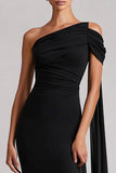 One Shoulder Black Mermaid Long Satin Dress with Streamer
