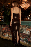 Sparkly Sheath Coffee Spaghetti Straps Sequins Maxi Dress with Slit
