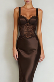 Simple Coffee Satin Sheath Maxi Dress with Slit