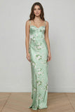 Sage Green Sheath Printed Long Floral Dress with Lace Up Back
