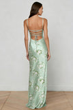 Sage Green Sheath Printed Long Floral Dress with Lace Up Back