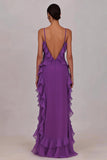 Sheath Ruffled Chiffon Long Plum Dress with Slit
