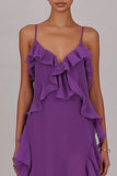 Sheath Ruffled Chiffon Long Plum Dress with Slit