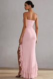Pink Strapless Ruffled Sheath Long Chiffon Dress with Slit
