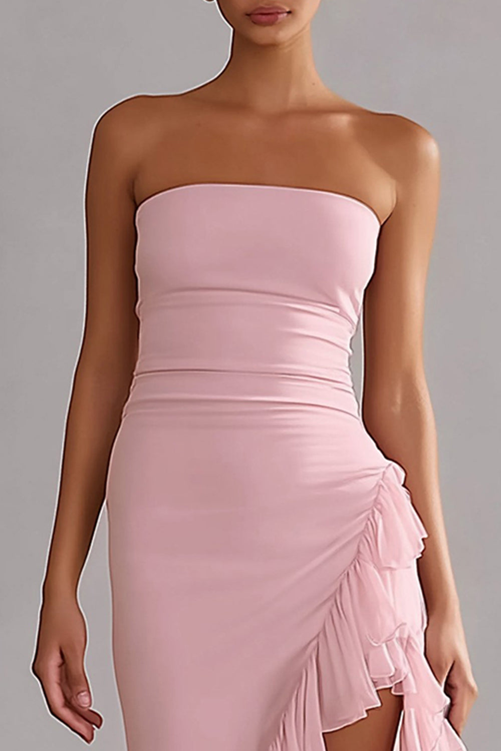 Zapaka Women Pink Long Chiffon Wedding Guest Dress Sheath Strapless Ruffled Formal Dress with Slit, Pink / US10 Zapaka Women Pink Long Chiffon Wedding Guest Dress Sheath Strapless Ruffled Formal Dress with Slit, Pink / US10