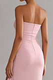 Pink Strapless Ruffled Sheath Long Chiffon Dress with Slit