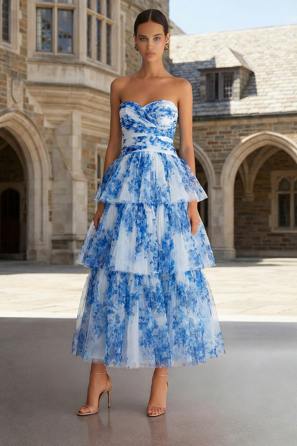 White Blue Flower A-Line Strapless Midi Dress with Ruffles White Blue Flower A-Line Strapless Midi Dress with Ruffles