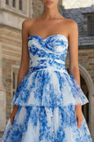 White Blue Flower A-Line Strapless Midi Dress with Ruffles