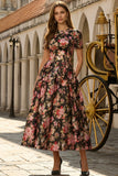 Black Pink Flower A-Line Short Sleeves Midi Satin Dress with Pockets