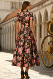 Black Pink Flower A-Line Short Sleeves Midi Satin Dress with Pockets