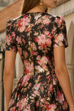 Black Pink Flower A-Line Short Sleeves Midi Satin Dress with Pockets