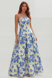Strapless Blue White Flower Printed A-Line Maxi Dress