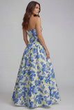 Strapless Blue White Flower Printed A-Line Maxi Dress