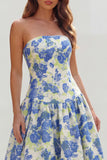 Strapless Blue White Flower Printed A-Line Maxi Dress