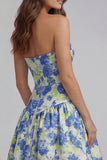 Strapless Blue White Flower Printed A-Line Maxi Dress