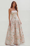 Strapless Blue White Flower Printed A-Line Maxi Dress