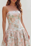 Strapless Blue White Flower Printed A-Line Maxi Dress