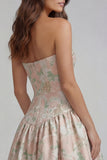 Strapless Blue White Flower Printed A-Line Maxi Dress