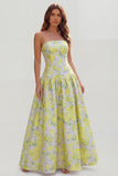 Strapless Blue White Flower Printed A-Line Maxi Dress