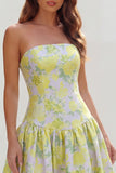 Strapless Blue White Flower Printed A-Line Maxi Dress