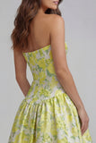 Strapless Blue White Flower Printed A-Line Maxi Dress