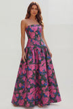 Strapless Blue White Flower Printed A-Line Maxi Dress