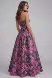 Strapless Blue White Flower Printed A-Line Maxi Dress
