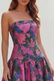 Strapless Blue White Flower Printed A-Line Maxi Dress