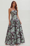 Strapless Blue White Flower Printed A-Line Maxi Dress