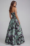 Strapless Blue White Flower Printed A-Line Maxi Dress