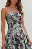 Strapless Blue White Flower Printed A-Line Maxi Dress