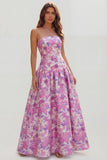 Strapless Blue White Flower Printed A-Line Maxi Dress