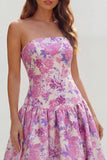 Strapless Blue White Flower Printed A-Line Maxi Dress